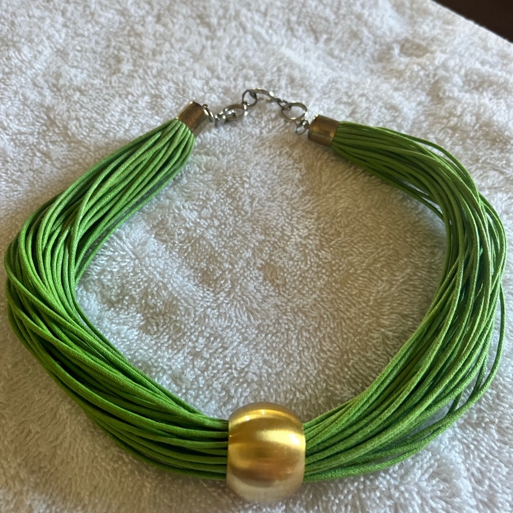 Elegant Green Necklace with Gold Accent 19 inch adjustable, soft leather strands